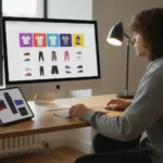 En person sitter vid en dator och shoppar sportkläder online.